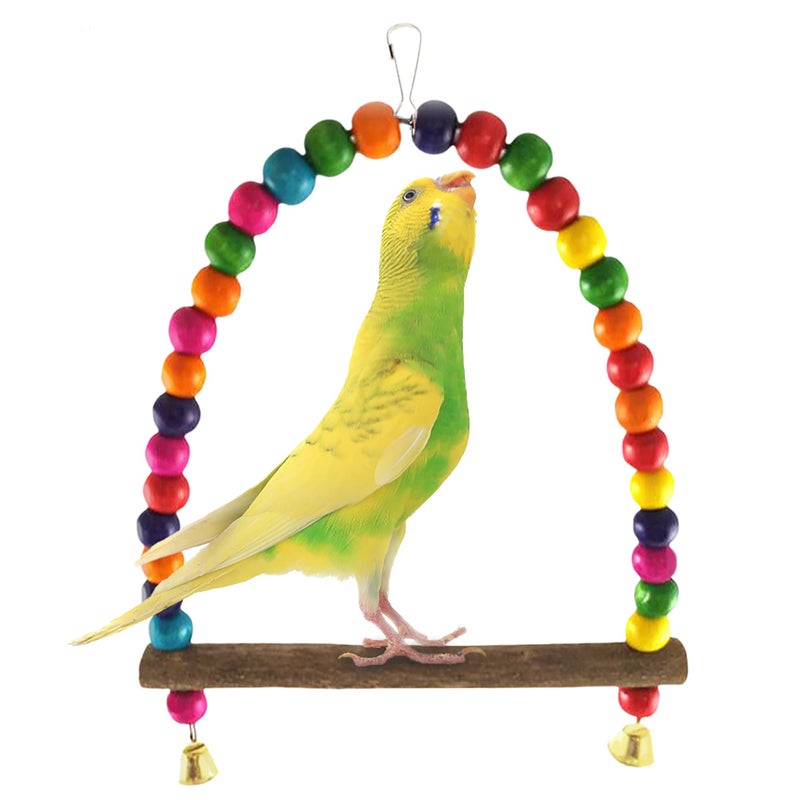 SunGrow Colorful Parakeet Swing Toy with Bells, Cockatiel, Lovebird & Budgie Wooden Perch Stand, 8.5x6 Inches, Sturdy Rocking Gym, Small Bird Cage Accessories to Balance, Exercise & Training - Image 1